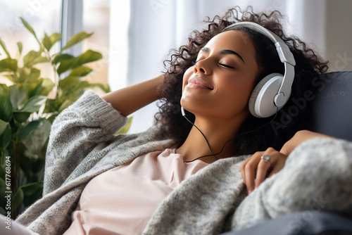 Pleased young woman in headphones listening to music. Generative AI