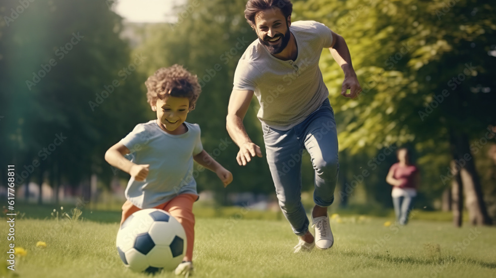 Obraz premium Portrait of happy father and son with ball while playing football on green grass in park, medium shot, profile, commercial shot, hyper-realistic details, simple background. Generative AI