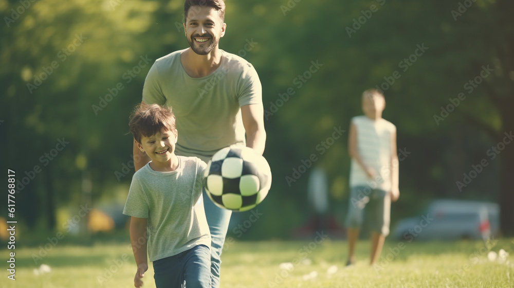Obraz premium Portrait of happy father and son with ball while playing football on green grass in park, medium shot, profile, commercial shot, hyper-realistic details, simple background. Generative AI