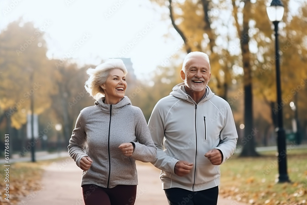 Portrait of lovely happy elderly couple on morning run outside in city park. Generative AI Portrait of lovely happy elderly couple on morning run outside in city park. Generative AI