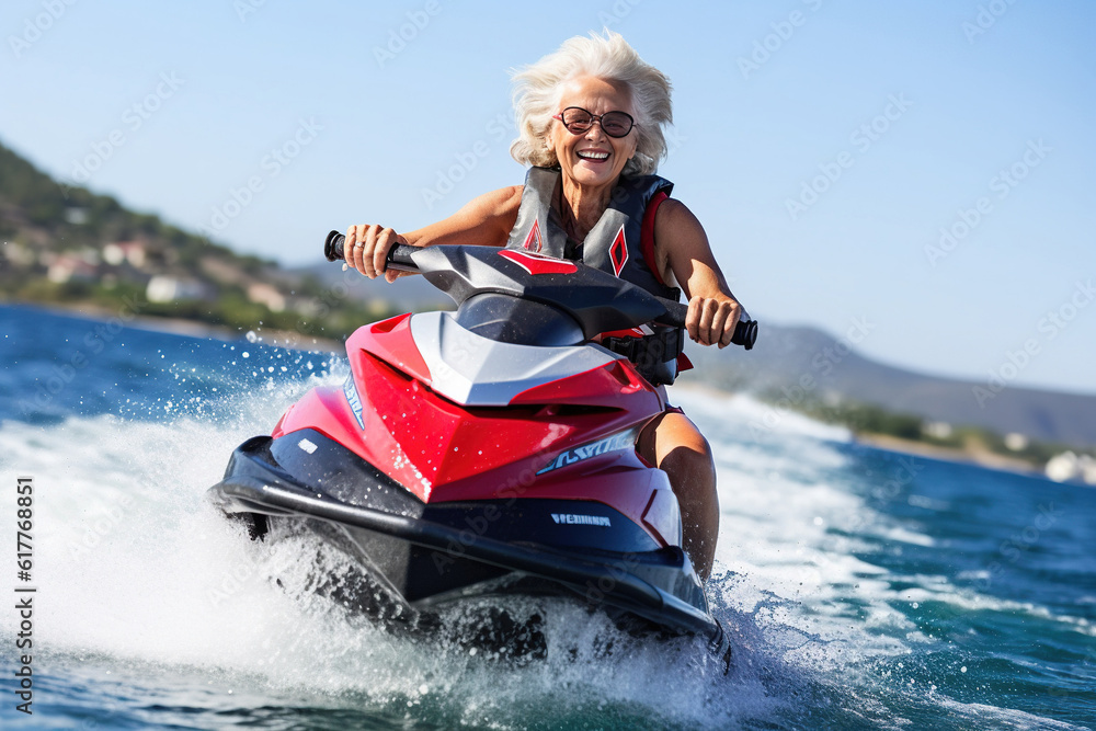 Obraz premium Portrait of mature senior female on jet ski. Generative AI