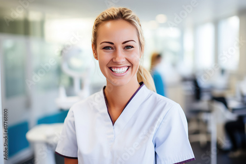 Portrait of a proud female dental hygienist student in college, smiling confidently as she represents her future occupation and the value of education . Generative AI photo