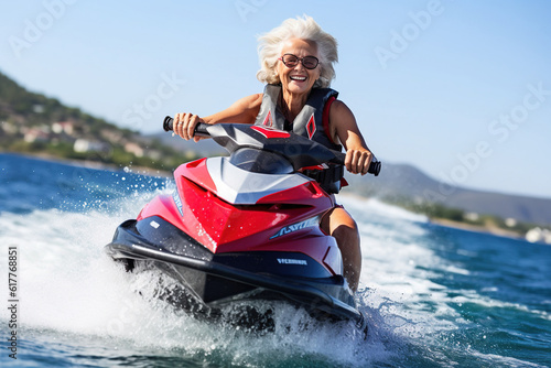 Portrait of mature senior female on jet ski. Generative AI