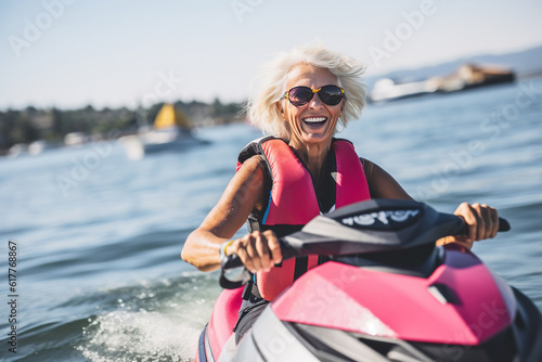 Portrait of mature senior female on jet ski. Generative AI © wolfhound911