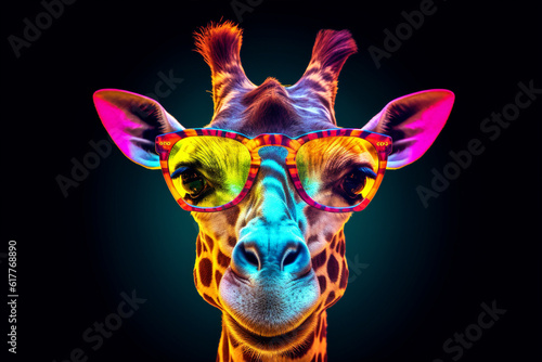 neck wildlife mammal giraffe sunglasses africa animal colorful zoo portrait. Generative AI.