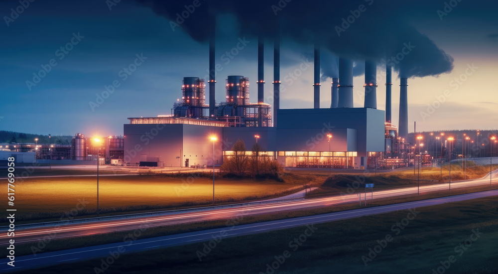 Power plant or metallurgical factory, dark smoke from the pipes on the evening sky background.