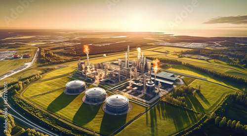 A modern natural gas processing factory, steel pipelines and storage containers. An aerial view on the sunset background.