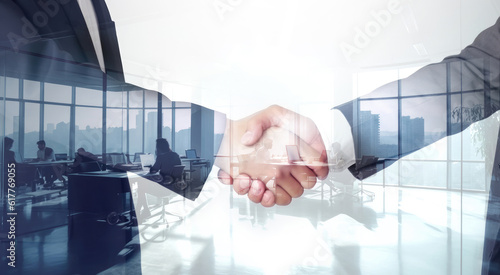 Shaking hands, teamwork on background, bussines concept, multiexposure.