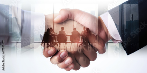 Shaking hands, teamwork on background, bussines concept, multiexposure.