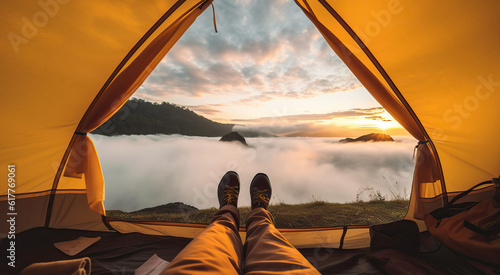 View from the Inside of Tent, sunrise or sunset above the beautiful sky, legs on the clouds.