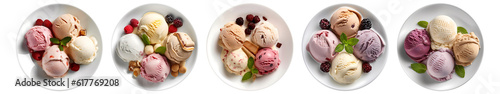 Ice cream on white plate, top view with transparent background, smooth blur edge, Generative AI