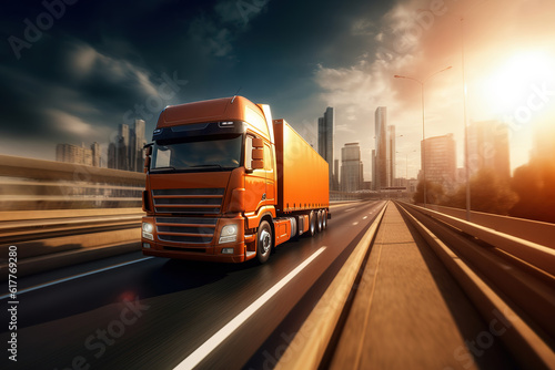 Modern lorry speeding down the highway, surrounded by the hustle and bustle of global business activity