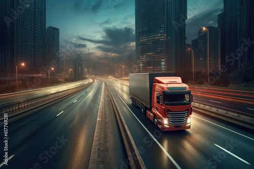 Modern lorry speeding down the highway, surrounded by the hustle and bustle of global business activity