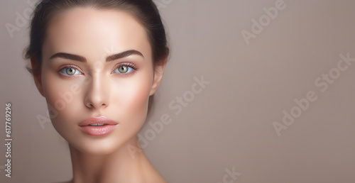 Portrait of woman, skincare and beauty cosmetics for shine, wellness or healthy glow on studio background. Happy model touching face after facial laser aesthetics, chemical peel and clean dermatology