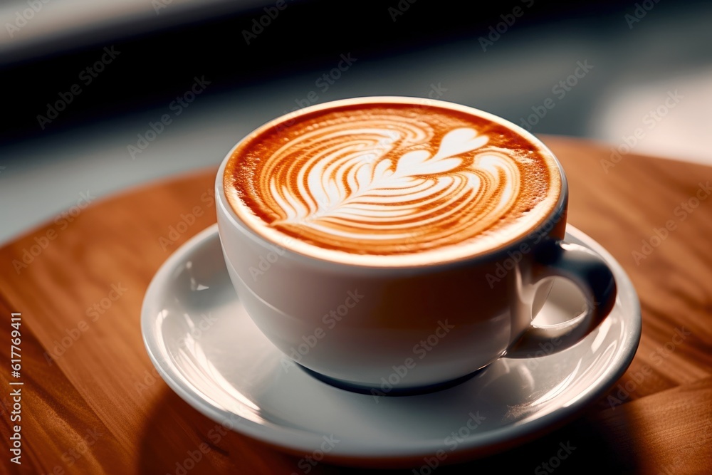 Handcrafted coffee with latte art in a white cup with desk background - Generative AI Handcrafted coffee with latte art in a white cup with desk background - Generative AI