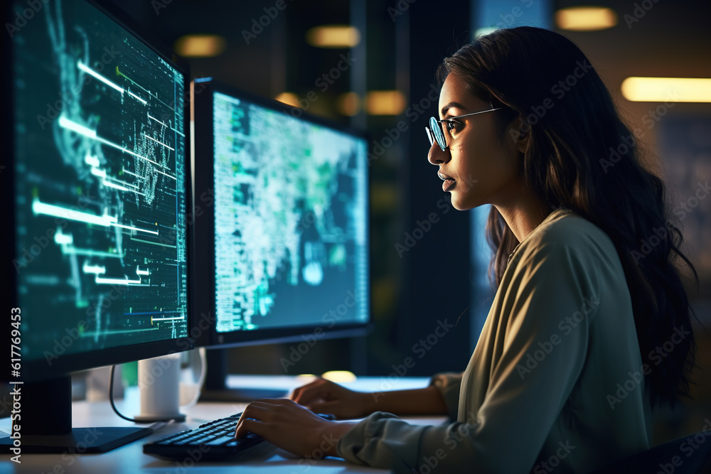 Young Female Artificial Intelligence Engineer Working on Computer in a Technological Office. Young Indian Specialist Writing Software Code for an Innovative Big Data Blockchain Project. - obrazy, fototapety, plakaty 