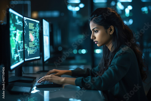 Young Female Artificial Intelligence Engineer Working on Computer in a Technological Office. Young Indian Specialist Writing Software Code for an Innovative Big Data Blockchain Project. Generative AI