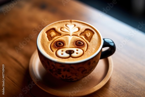 Handcrafted coffee with latte dog art in a dark cup with desk background - Generative AI