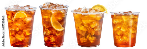 Ice tea on plastic cup with lemon, side view with transparent background, smooth blur edge, Generative AI