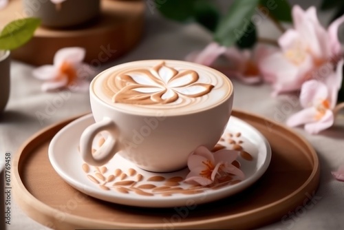 Handcrafted coffee with latte flower art in a white cup with desk background - Generative AI
