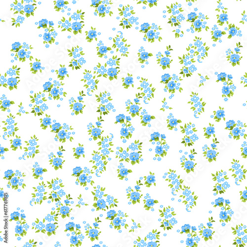 Floral pattern. Beautiful flowers on a light background. Print with small blue flowers. Seamless vector texture. Spring bouquet. Stock vector.