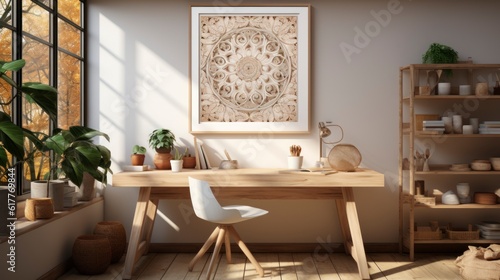 Wallpaper Mural Poster mock up in home interior background, home office, Scandi-boho style, 3d render. Created with generative ai. Torontodigital.ca