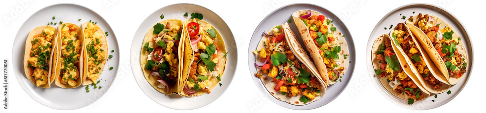 Scrambled Egg Tacos on Toast bread on white plate, top view with transparent background, smooth blur edge, Generative AI Scrambled Egg Tacos on Toast bread on white plate, top view with transparent background, smooth blur edge, Generative AI