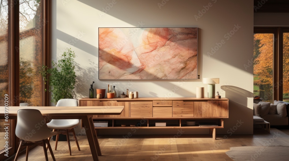 Poster mock up in home interior background, home office, Scandi-boho style, 3d render. Created with generative ai. Poster mock up in home interior background, home office, Scandi-boho style, 3d render. Created with generative ai.