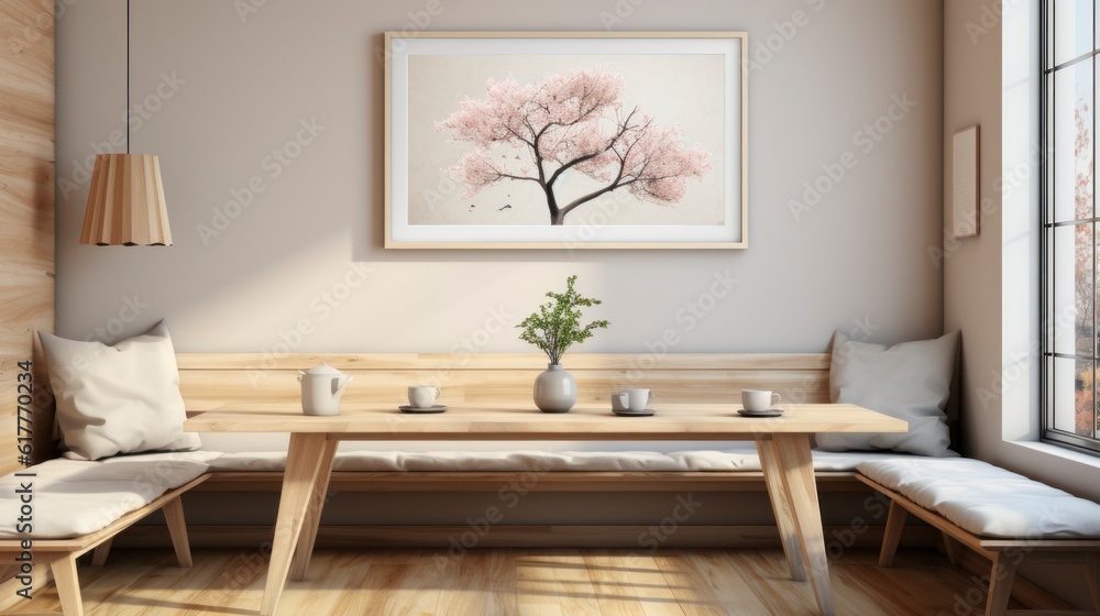 Fototapeta premium Poster mock up in home interior background, home office, Scandi-boho style,&nbsp;3d&nbsp;render. Created with generative ai.