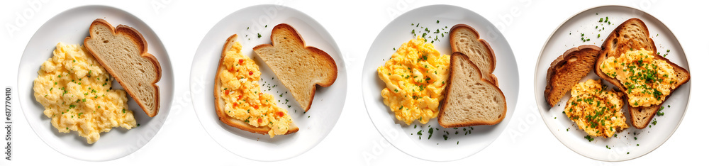 Scrambled Eggs and Toast bread on white plate, top view with ...