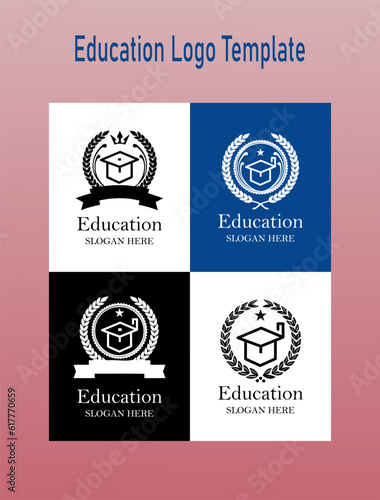 University and academy logo icon design. Ribbons and badges of bachelor hat, laurel wreath vector logo template.