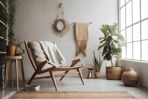 Interior in a boho style with a gray recliner and decorations on a cream colored slat. Generative AI
