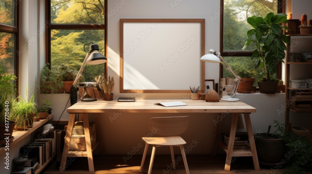 Poster mock up in home interior background, home office, Scandi-boho style, 3d render. Created with generative ai. Poster mock up in home interior background, home office, Scandi-boho style, 3d render. Created with generative ai.