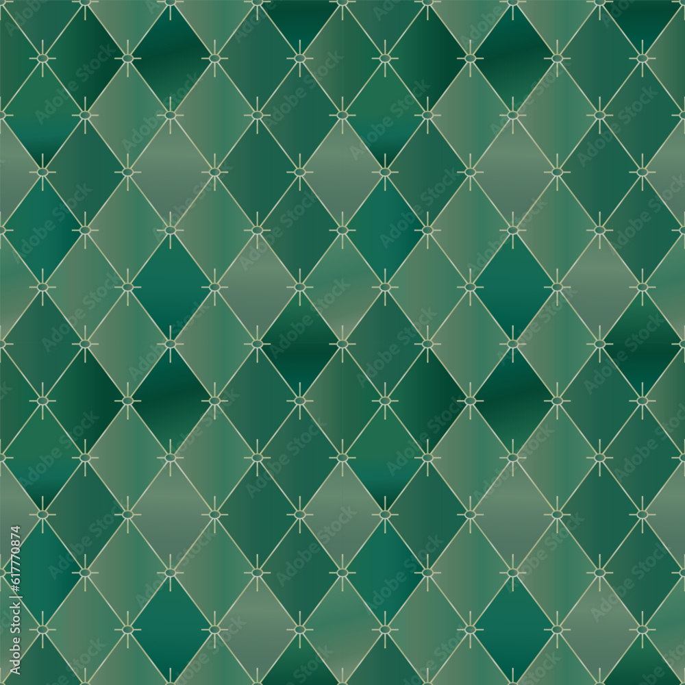 Green rhombuses with different gradients and golden lines and stars seamless pattern Green rhombuses with different gradients and golden lines and stars seamless pattern