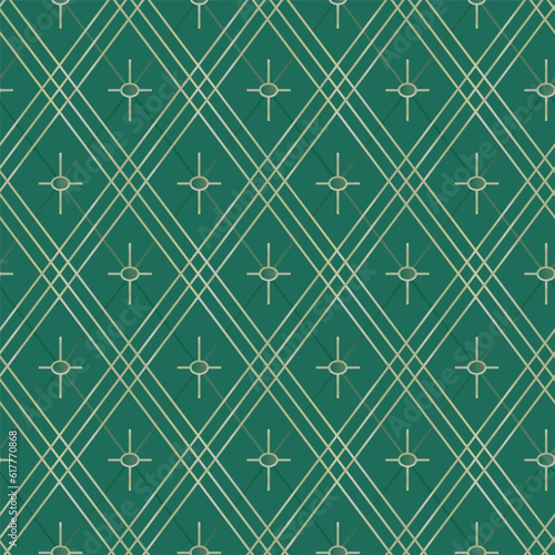 Geometric seamless pattern with golden stars and lines. Diamonds grid.