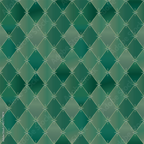 Green rhombuses with different gradients and golden lines and stars seamless pattern