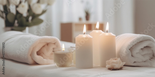 Closeup of candles and white towels  spa salon background. AI generative