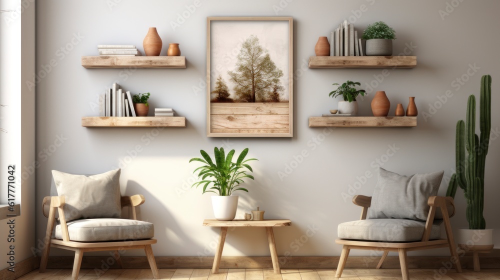 Poster mock up in home interior background, home office, Scandi-boho style, 3d render. Created with generative ai. Poster mock up in home interior background, home office, Scandi-boho style, 3d render. Created with generative ai.