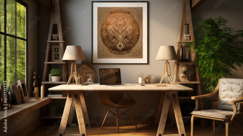 Poster mock up in home interior background, home office, Scandi-boho style, 3d render. Created with generative ai. Poster mock up in home interior background, home office, Scandi-boho style, 3d render. Created with generative ai.