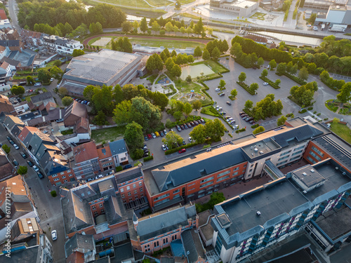 Halle, Vlaams brabant, Belgium, 06 09 2023, Aerial view of the center of the city of Halle during sunrise. High quality photo