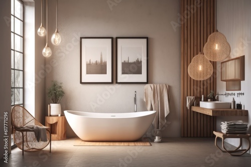 Interior of a bathroom with a white tub  a chair filled with body care items  and a lamp in the shape of a grape hanging above it. lightweight wood Toned picture. a mockup. Generative AI
