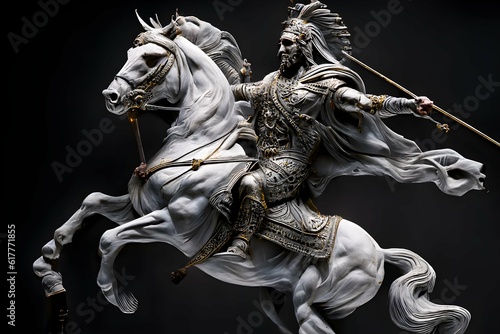 Valokuva Scythian Nimrod the King of kings on white warhorse god of hunters shooting an a