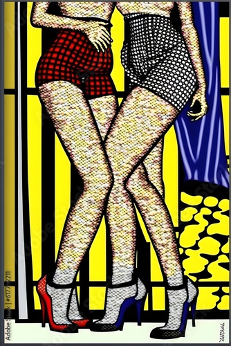 attractive 2 classic female model and they hug and love each other miniskirt thigh high stockingsfishnet stockhing beautiful thighs attractive legs Roy Lichtenstein style 