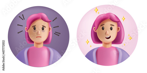 3D stress happy woman icon, vector fatigue shocked cheerful female cartoon character, exhausted girl. Mental health problem concept, depressed ill lonely headache face, tired person. Stress woman