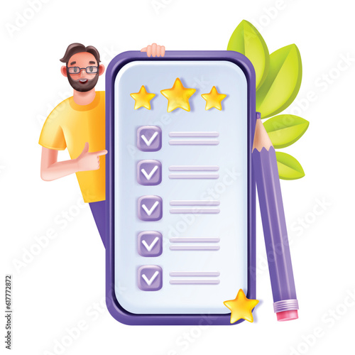 3D online survey, digital review feedback vector form, customer experience rating concept smartphone. Satisfaction internet test man character, questionnaire pencil star. Online survey service quality