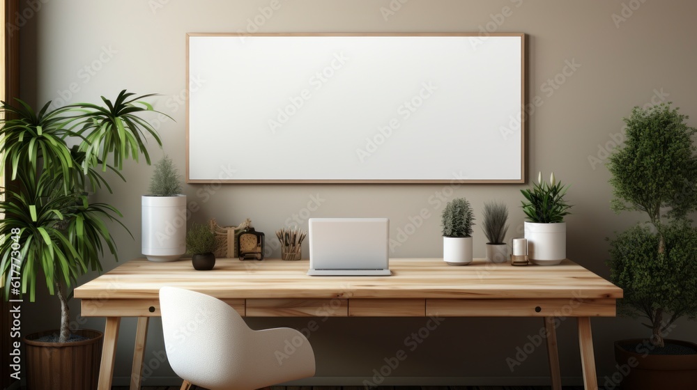 Poster mock up in home interior background, home office, Scandi-boho style, 3d render. Created with generative ai. Poster mock up in home interior background, home office, Scandi-boho style, 3d render. Created with generative ai.