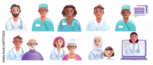 3D doctor patient icon set, vector cartoon medical clinic character, professional diverse team. Healthcare insurance therapy, online hospital service, muslim nurse woman. Doctor patient ambulance