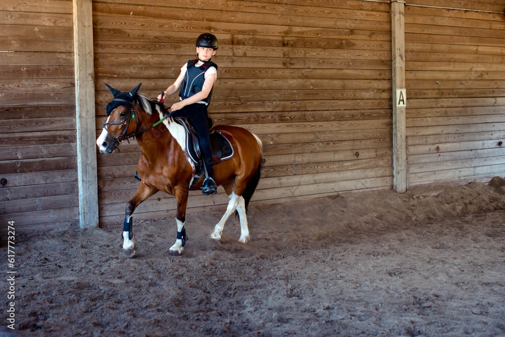 Beautiful young rider with green eyes galloping during her riding lesson Beautiful young rider with green eyes galloping during her riding lesson