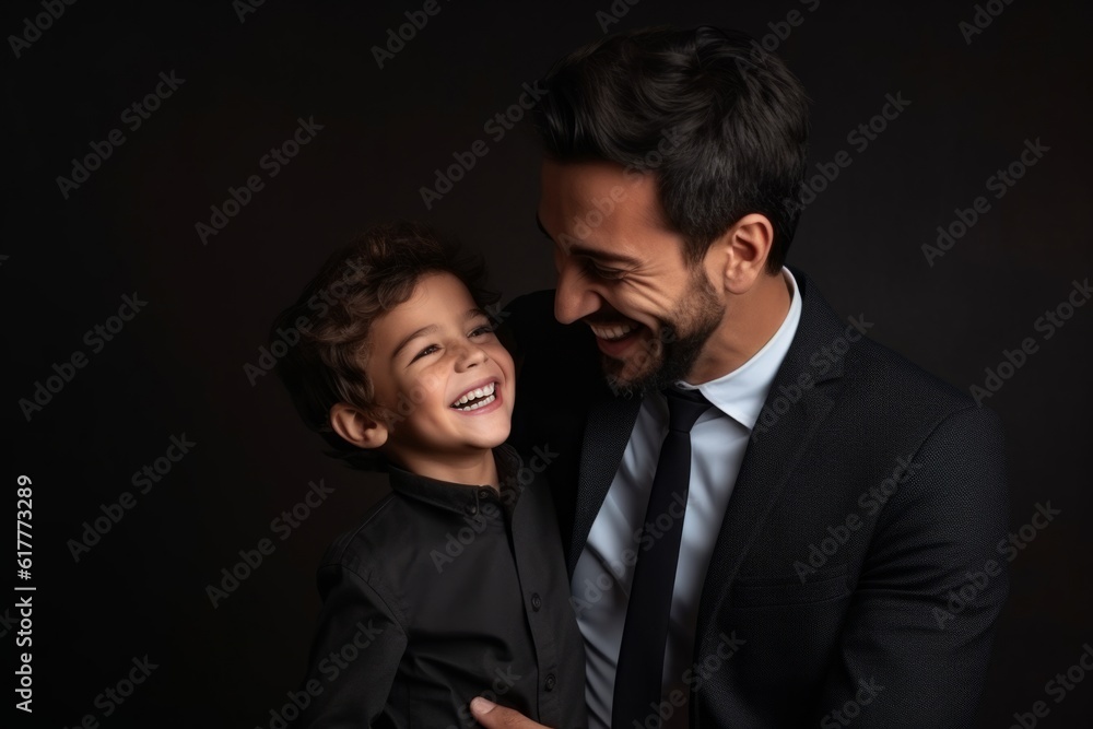 Portrait of a happy father and his son on a black background. Ai generated.
