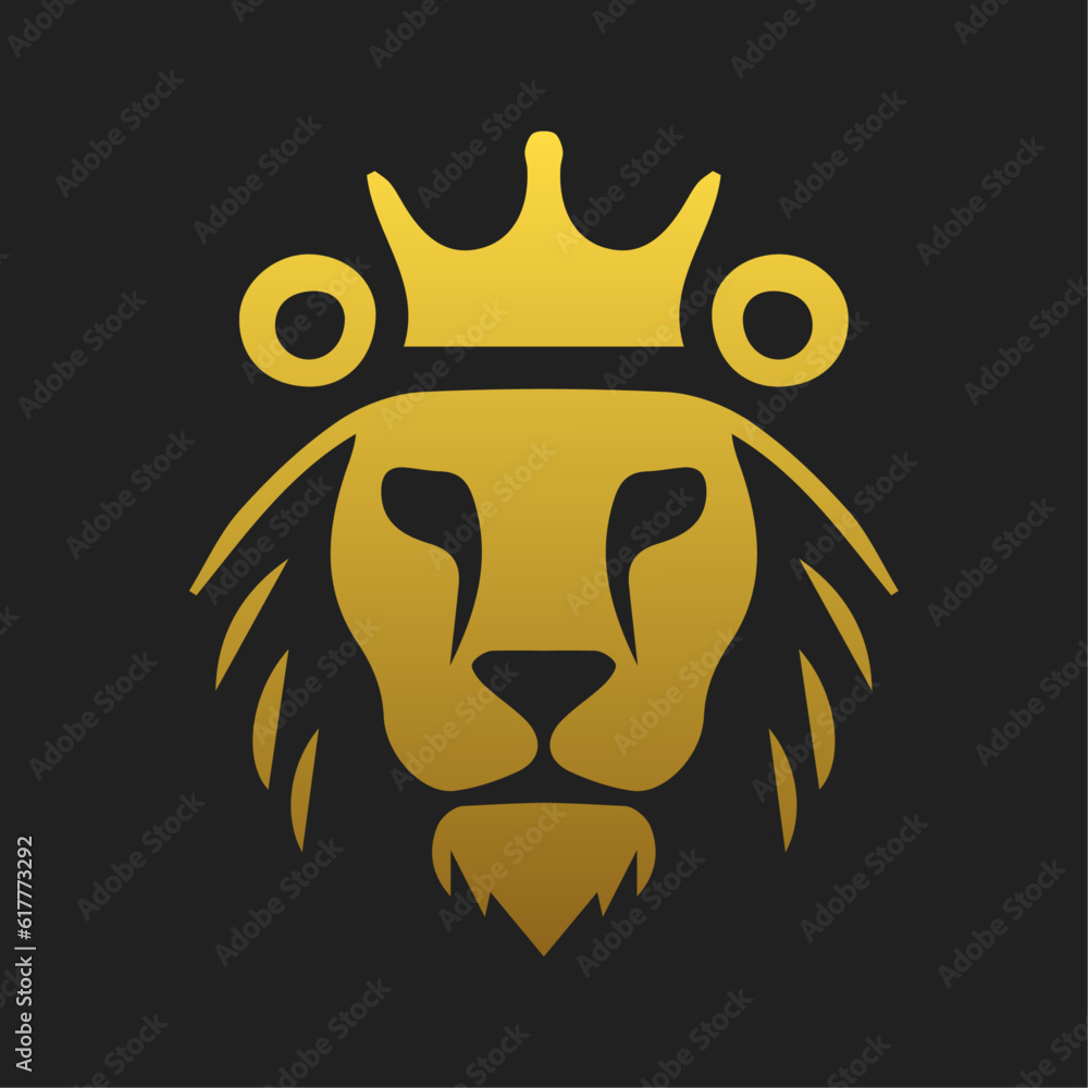 Gold crown lion head logo and icon vector. Golden lion face logo design.